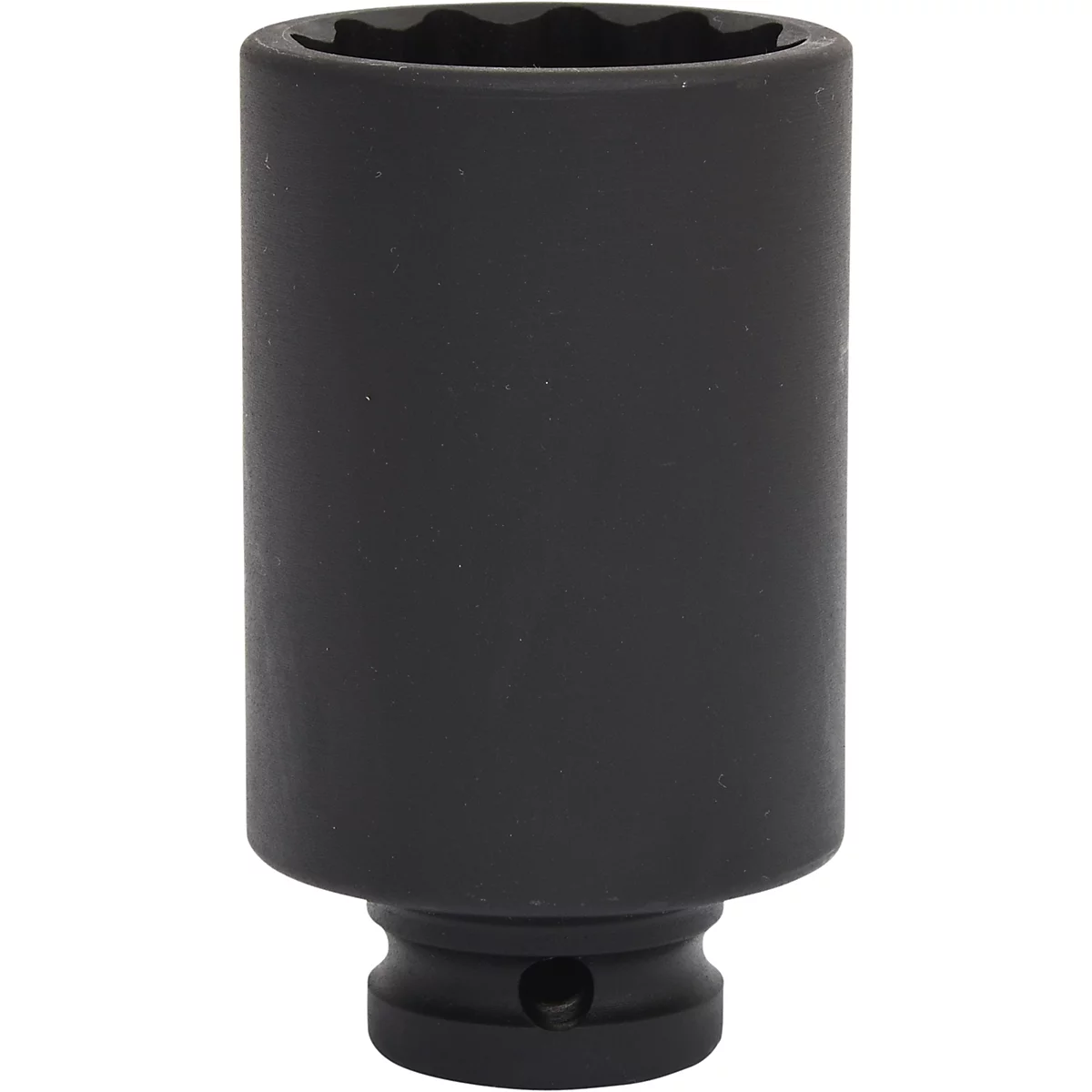Douille noire, cylindrique, avec une ouverture à 12 pans et un trou dans la base.